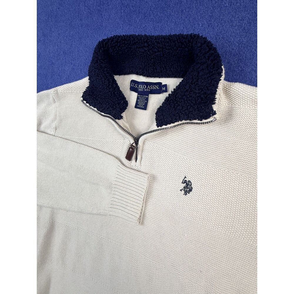 U.S. Polo Assn Men’s M Cream Quarter Zip Sweater Sherpa Collar Pullover